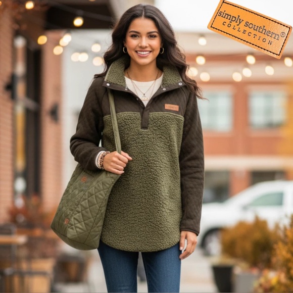 SIMPLY SOUTHERN Quilted Sherpa Snap Pullover Sweatshirt L Olive Green Brown - Picture 1 of 11